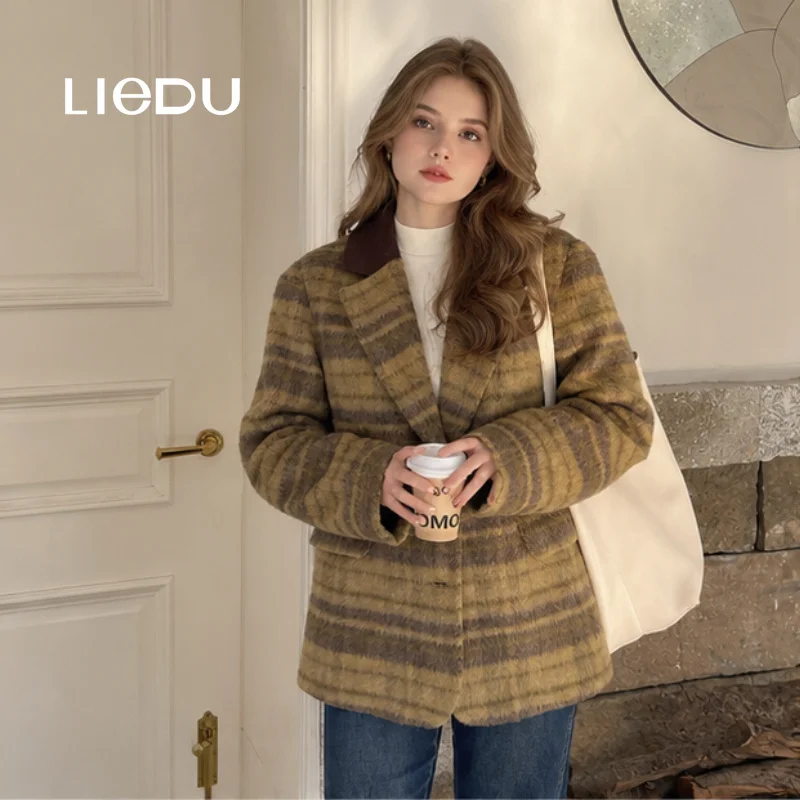 LIEDU Korean Vintage Plaid Wool Blazer Jacket Women Long Sleeve Contrast Collar Loose Fit Casual Streetwear Winter Outfit 2026