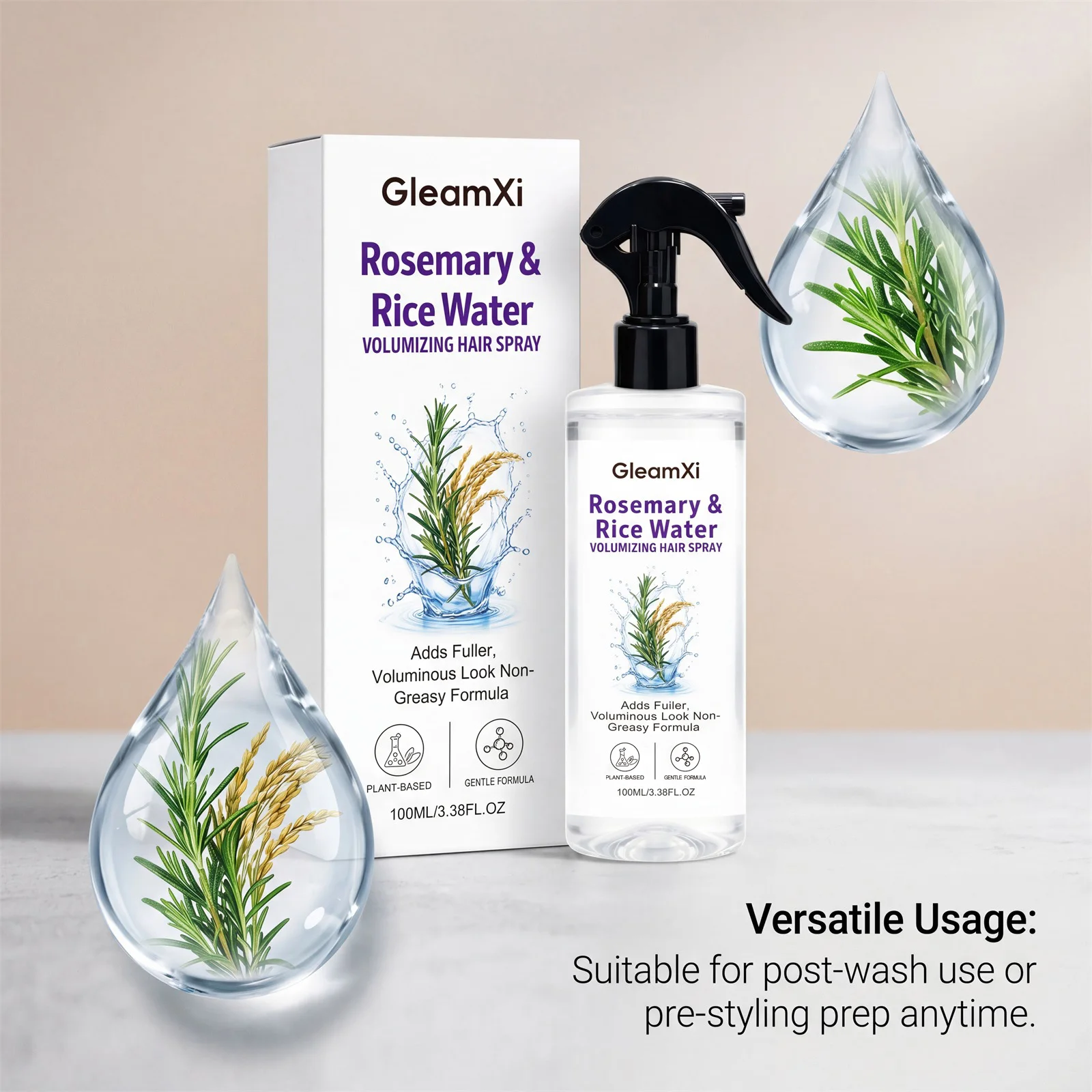 Rosemary Rice Water Volumizing Hair Spray Fluffy Smoothing Shiny Light Non Greasy For Fine Easily Flat Hair Daily Hair Care