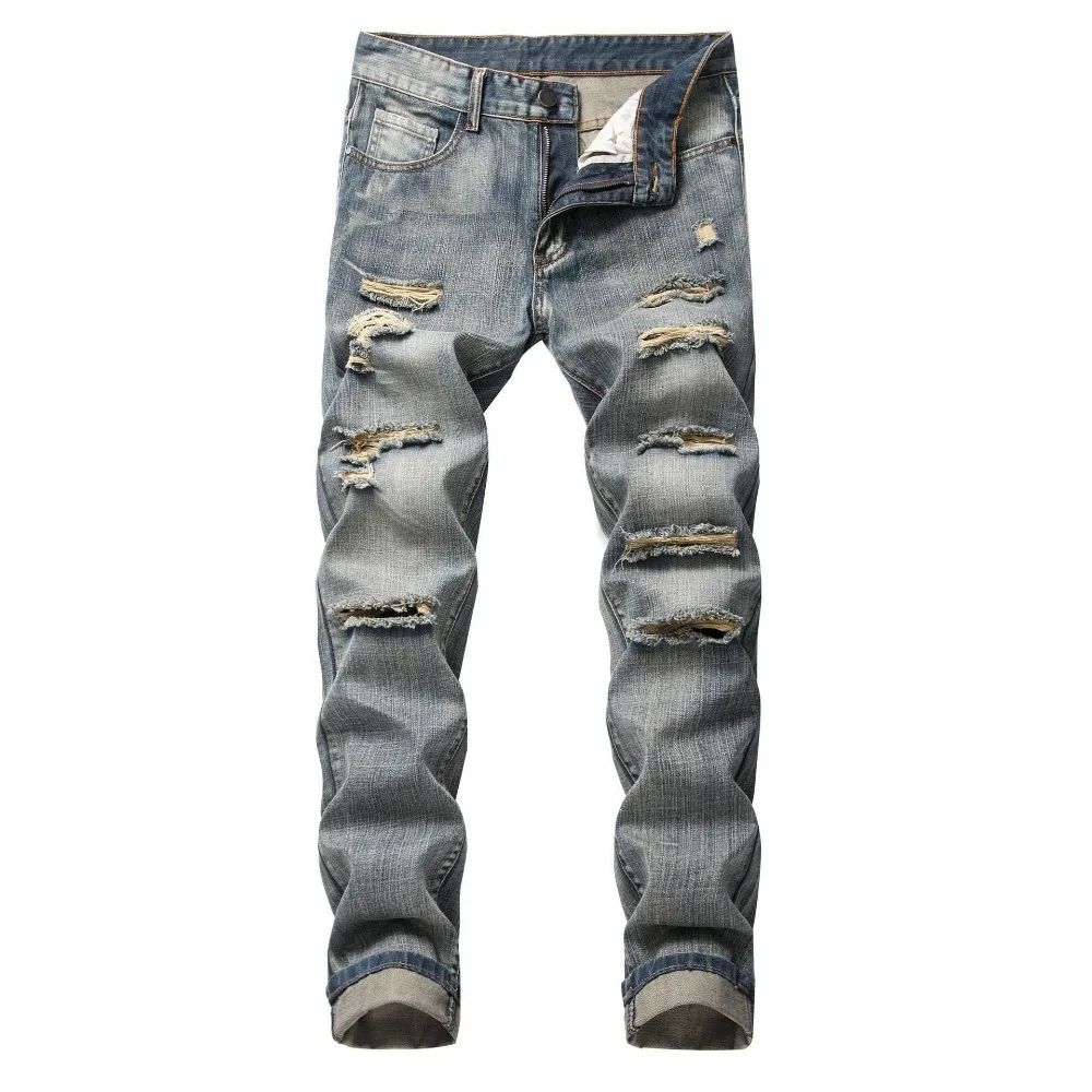 Punk Street Style Ripped Skinny Jeans Men Vintage Wash Solid Denim Trouser Mens Casual Slim Fit Pencil Denim Holes Pants 2024