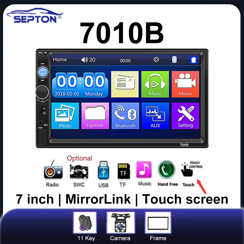 SEPTON 7010B MP5 Car Radio For Universal Car BT/FM/SWC HD Touch Screen 2 Din 12V Automotive Multimedia Video Player 7 inch