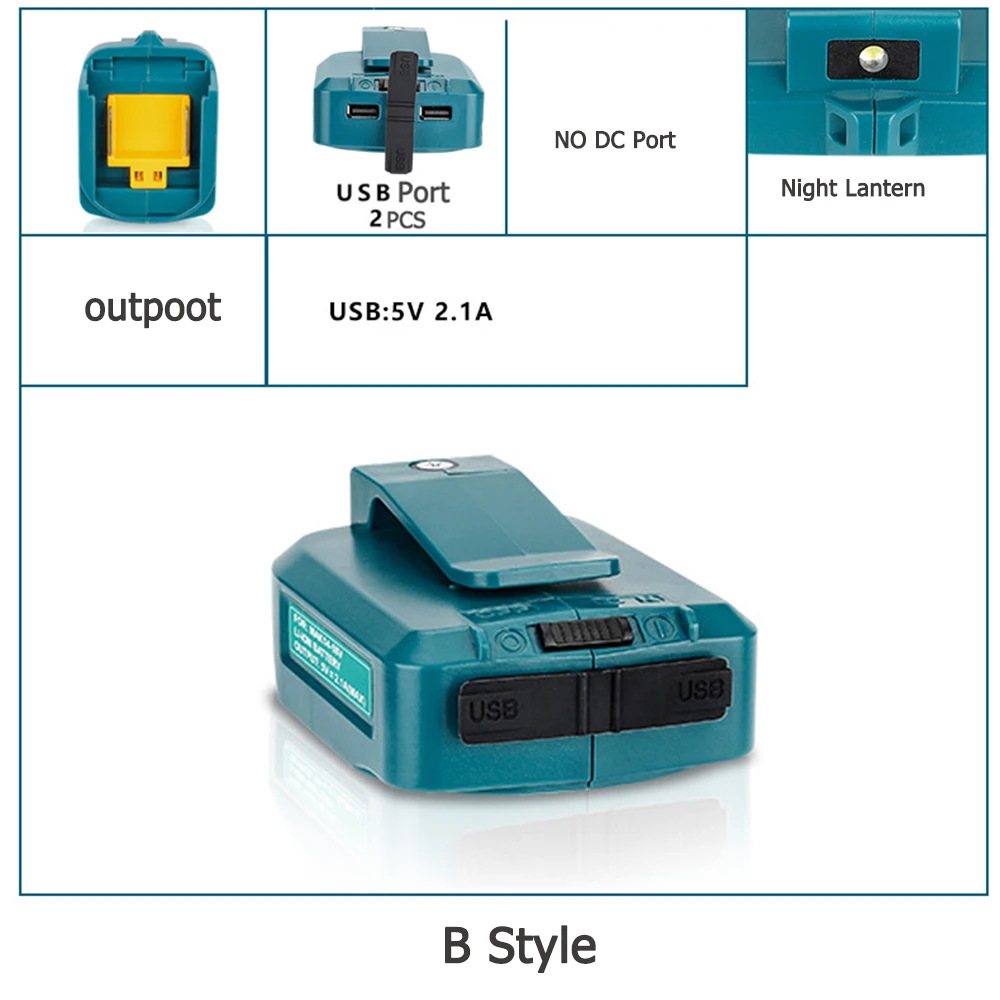 Podwójny Adapter portu USB do Makita litowo-jonowy 14.4V 18V BL1850 BL1860, konwerter ze światłem LED