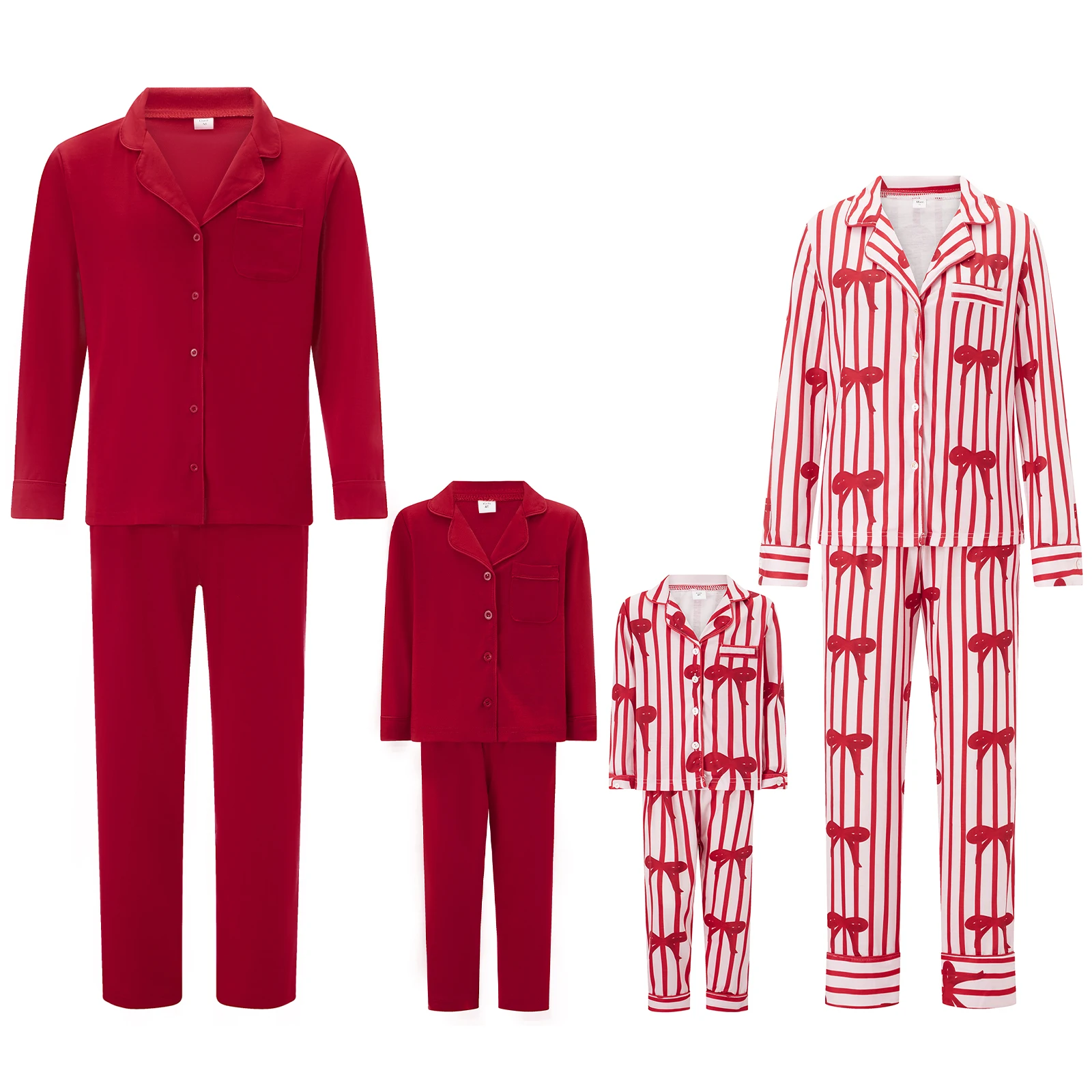 Family Matching Pajama Set Lapel Neck Button-up Long Sleeve Tops Long Pants 2-Piece Bow/Solid Color Loungewear Outfit