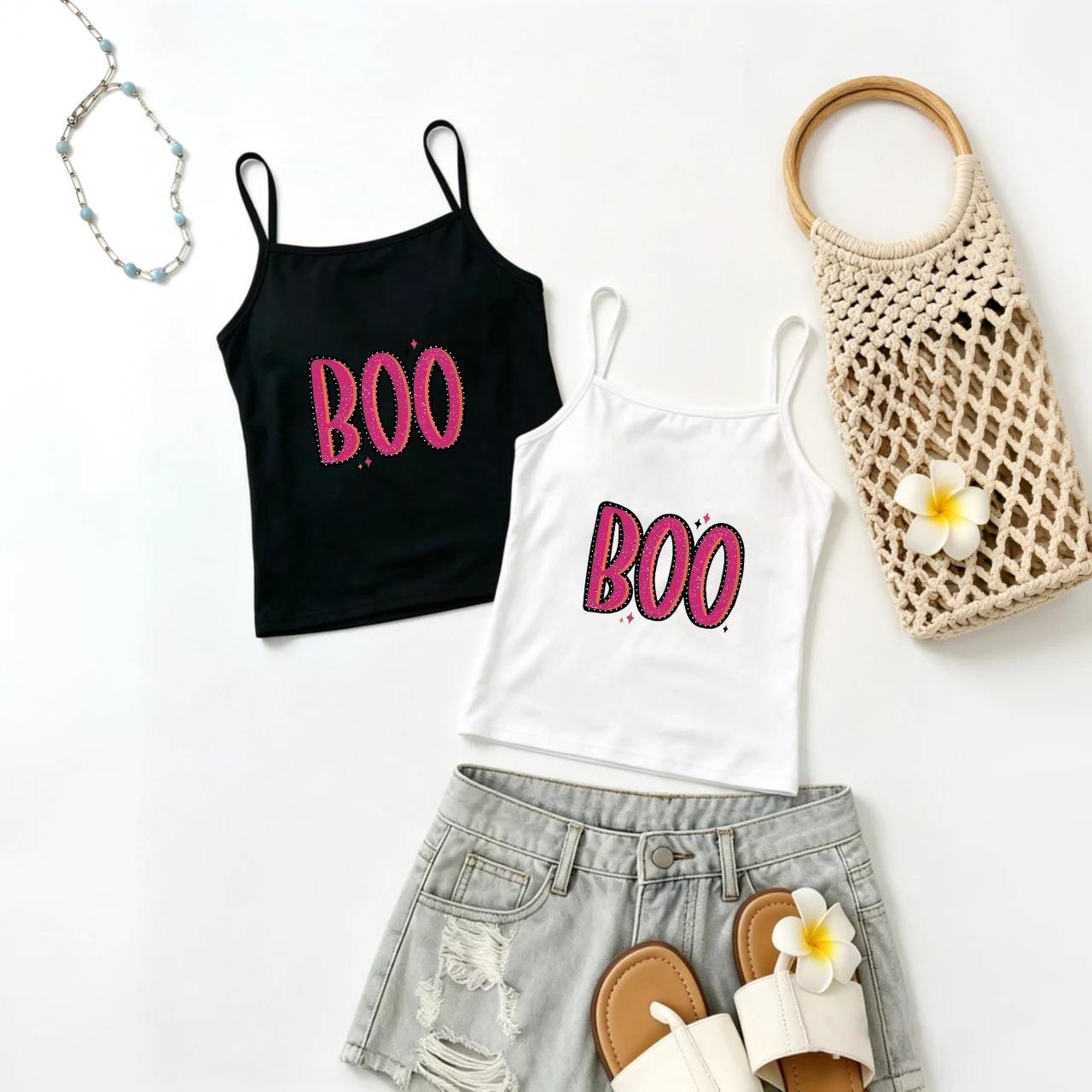 BOO Letter Print Camisole Y2K Pink Rhinestone Graphic Tank Top Summer Cute Sleeveless Vest Streetwear Crop Top Fashion