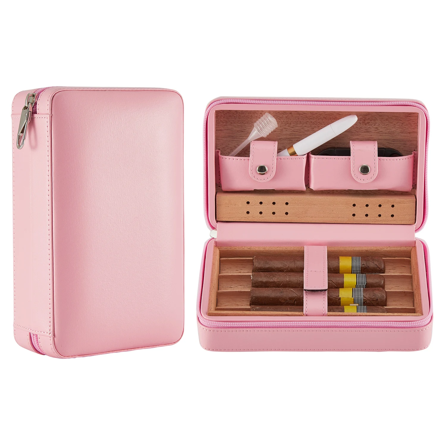 7 in 1 Cigar Accessories Set Pink Lady's Leather Cedarwood Cigar Humidor Bag Portable Travel Cigar Humidifier Cigar Humidor Box