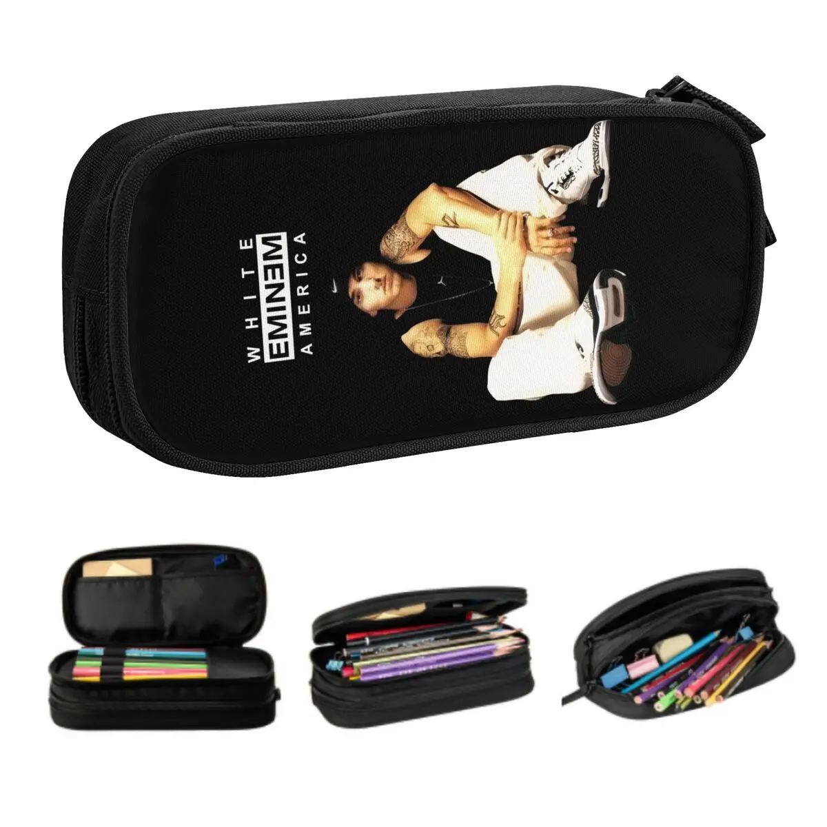 Custom Cute Eminems Pop Music Pencil Case for Girl Boy Large Capacity American Hip Hop Rapper Pencil Bag School Accessories