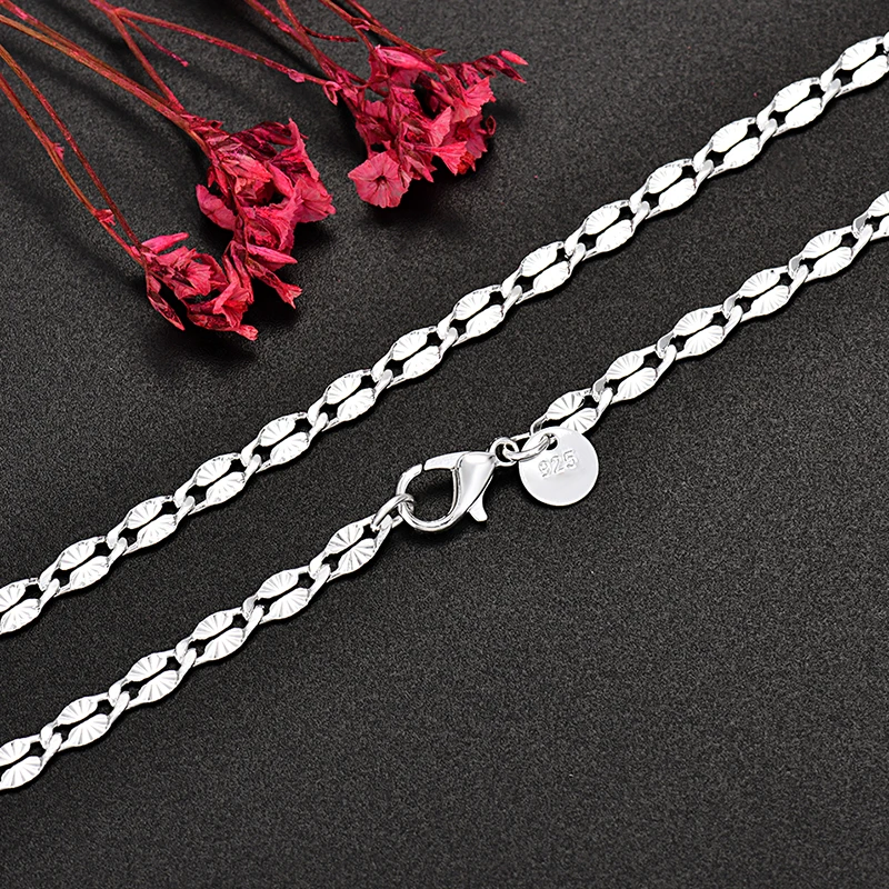 2pcs Elegant 925 Sterling Silver 4MM width Chain Bracelet necklace Jewelry Set, for women lady men Wedding,Valentine'S Gift
