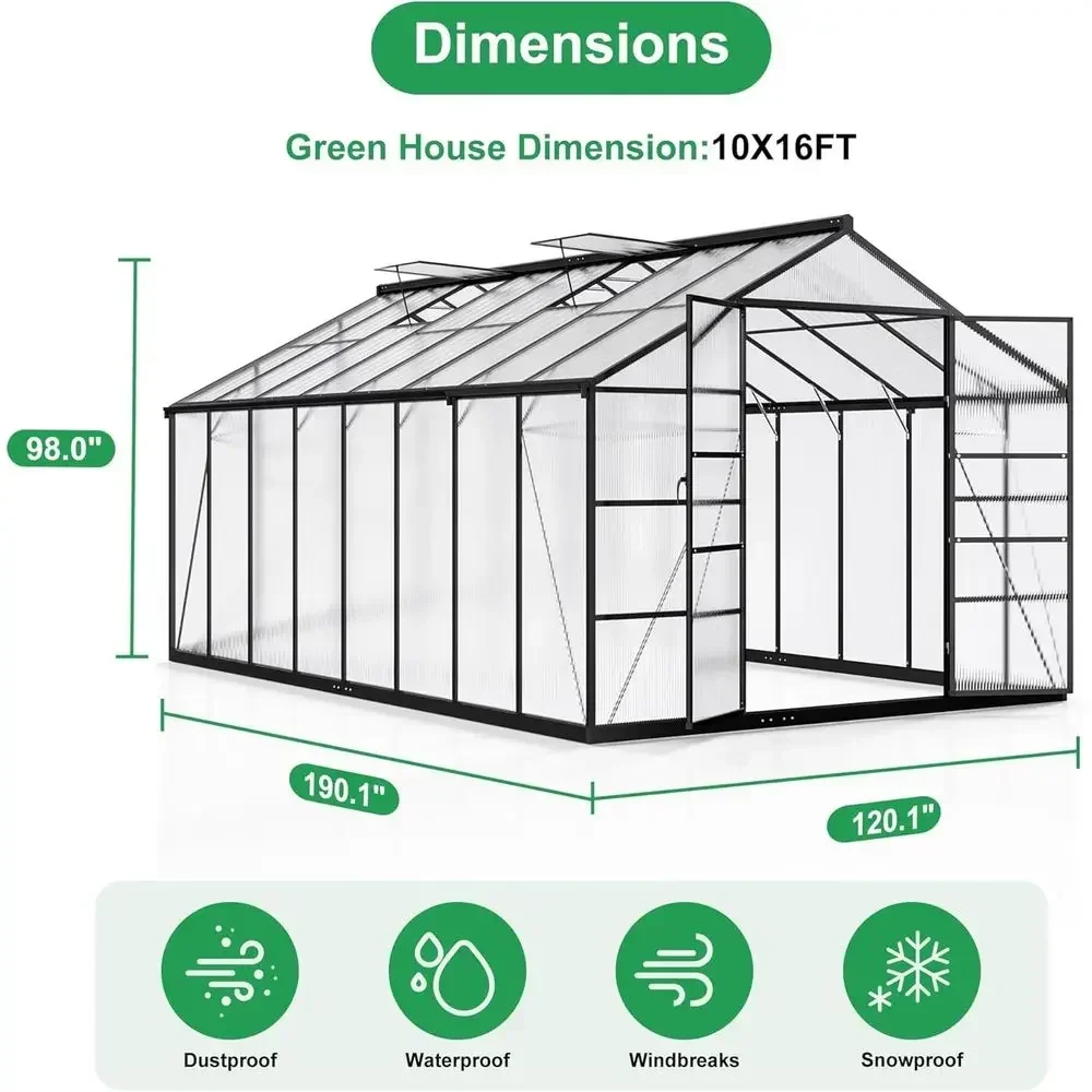 10x16 Walk-in Polyethylene Greenhouse with Roof Vent and Easy Assembly, Durable Garden Backyard Shelter, Black