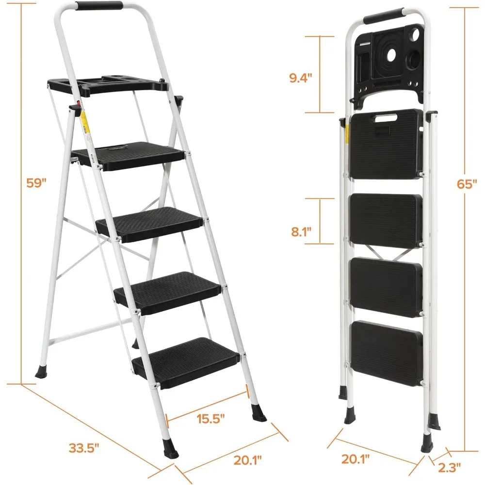 Lightweight Portable Folding Stool, 4 Step Ladder, Aço resistente, Plataforma de ferramentas, Handgrip conveniente