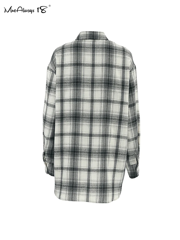 Mnealways18 Street Style Oversize Black And White Gingham Shirts Casual Long Sleeve Women Plaid Blouses Drop Shoulder Lady Tops