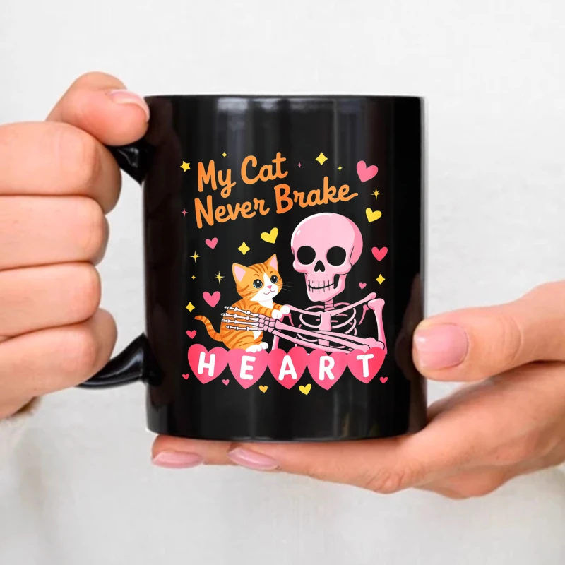 Ceramic mug, black, my cat never hurts, skeleton and cat pattern, with heart and star print, suitable for coffee tea or gifts