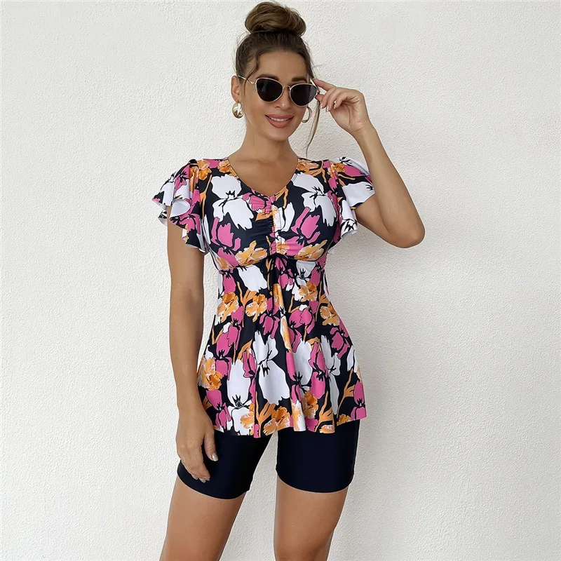 Women‘s Plus Size Swimsuit Two Piece Swim Dress Tummy Control Separate Printed Swimwear Tankini Sets with Shorts Boyshorts