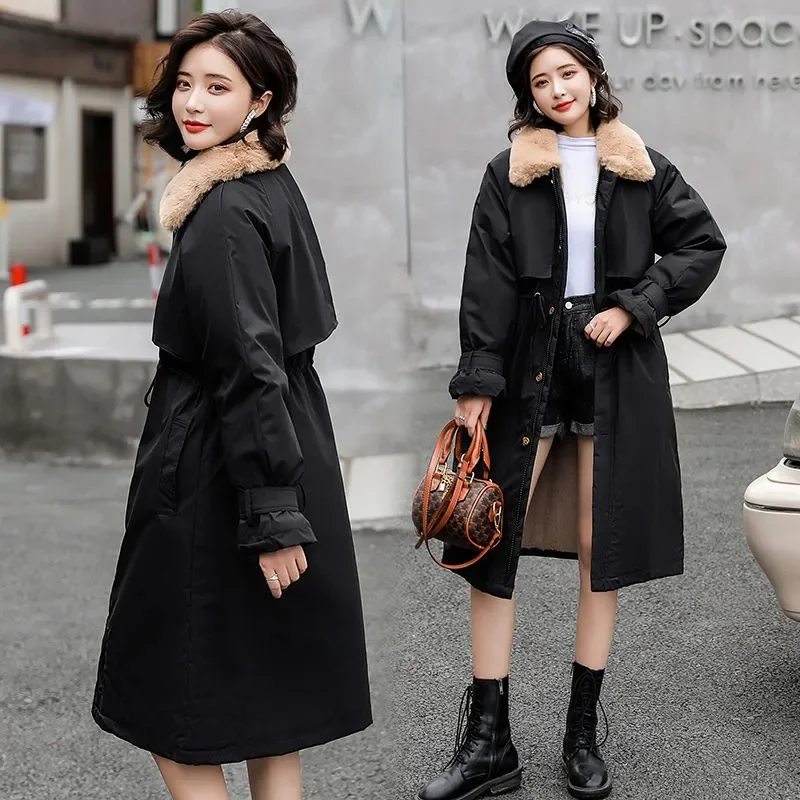 2023 New Women's Winter Coats Korean Loose Mid-Long Plus Velvet Windbreaker Thick Padded Jacket Tooling Jacket Parkas