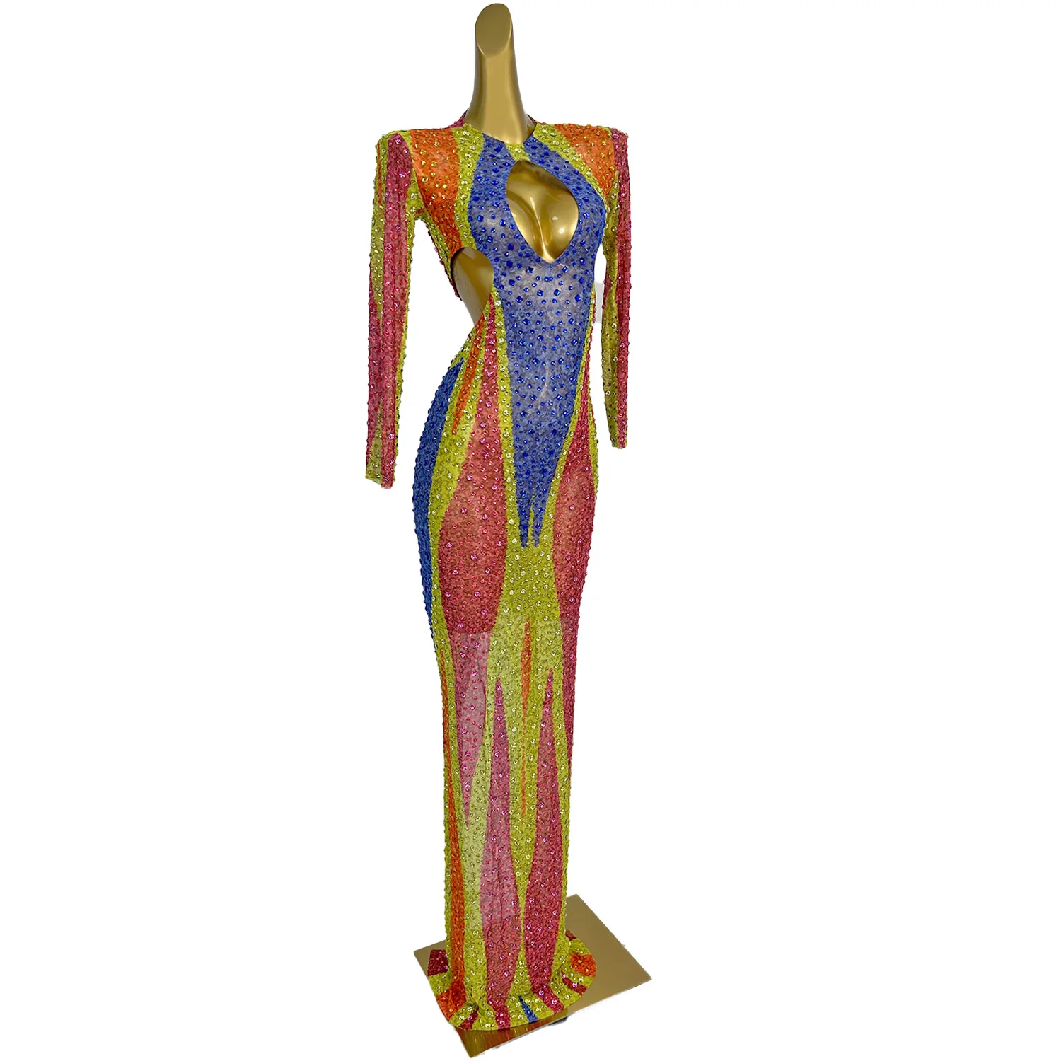 섹시한 컬러 라인스톤 생일 파티 이브닝 연회 롱 드레스 여성용 컷아웃 프롬 가운 플로어 기장 디너 파티 드레스 클럽웨어