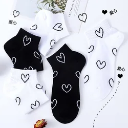 Fashion Socks Women Spring Summer Cotton Color Novelty Girls Cute Love Heart Print White Black Casual Funny Short Ankle Socks