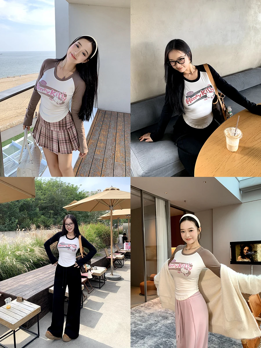 

Женский повседневный трикотажный топ с вишневым принтом, на флисовой подкладке, приталенный, с круглым вырезом и длинными рукавами, RA074, осенняя мода