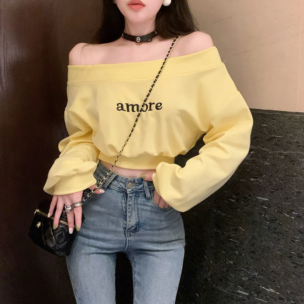 Sexy Off Shoulder Sweatshirt For Girls Spring Summer Solid Elastic Crop Tops Women\'s Korean Slim Gyaru Female Short Pullovers