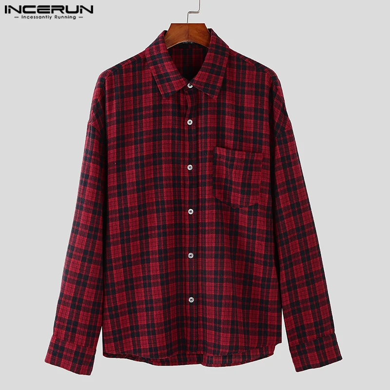 INCERUN Tops 2024 Koreaanse Stijl Mode mannen Plaid Patroon Ontwerp Shirts Casual Streetwear Mannelijke Revers Lange Mouwen Blouse S-5XL