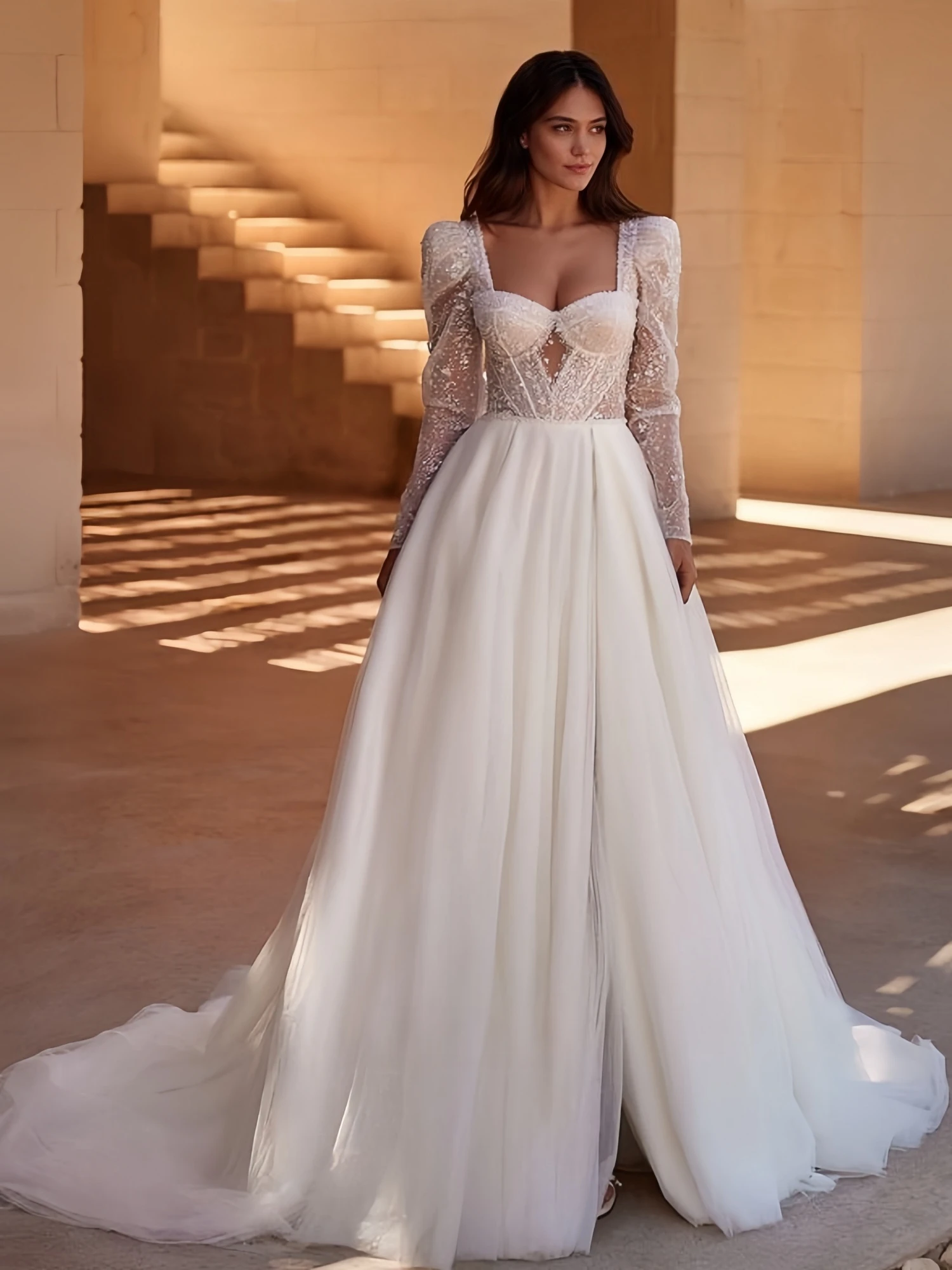 Princes Tulle Wedding Dress with Glitter Appliques Full Sleeves A Line Long Bride Dresses Cusotmized Women's Bridal Gown