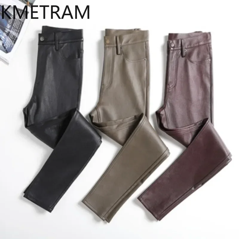 KMETRAM Stretch Sheepskin Genuine Leather Pants Woman Hip Hugging Trousers Tight & Slim Fit Skinny Pants Pantalones Plus Size