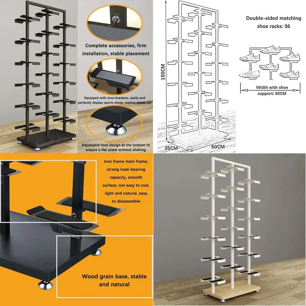 

Retail Shoe Rack for Boutiques - Basketball Sneaker Display Stand, Large Standing Shoe Organizer with White and Wood Finish Stor