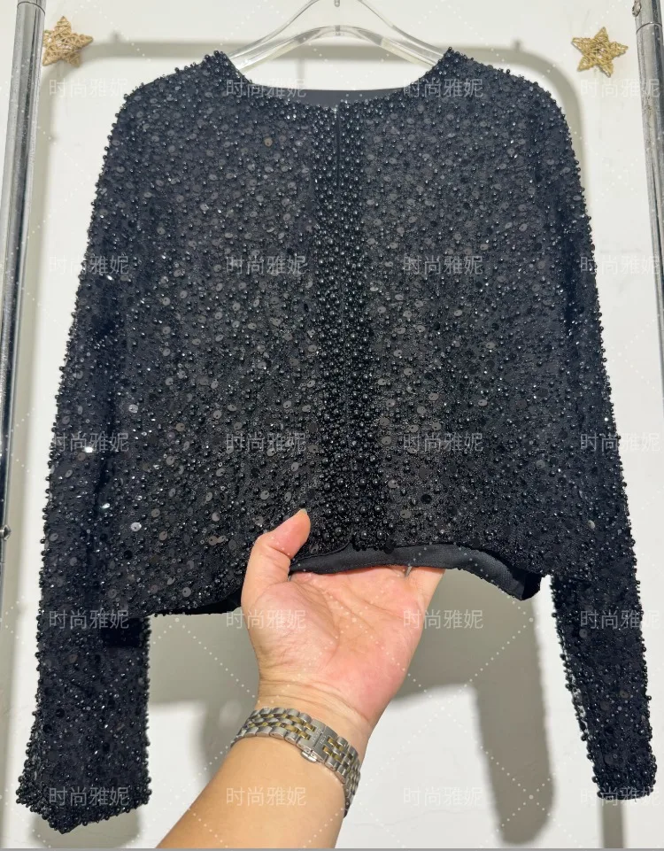 Moda pesada lantejoulas frisado cardigan jaqueta para mulher fino ajuste bodycon saia de comprimento médio na moda casaco de manga longa