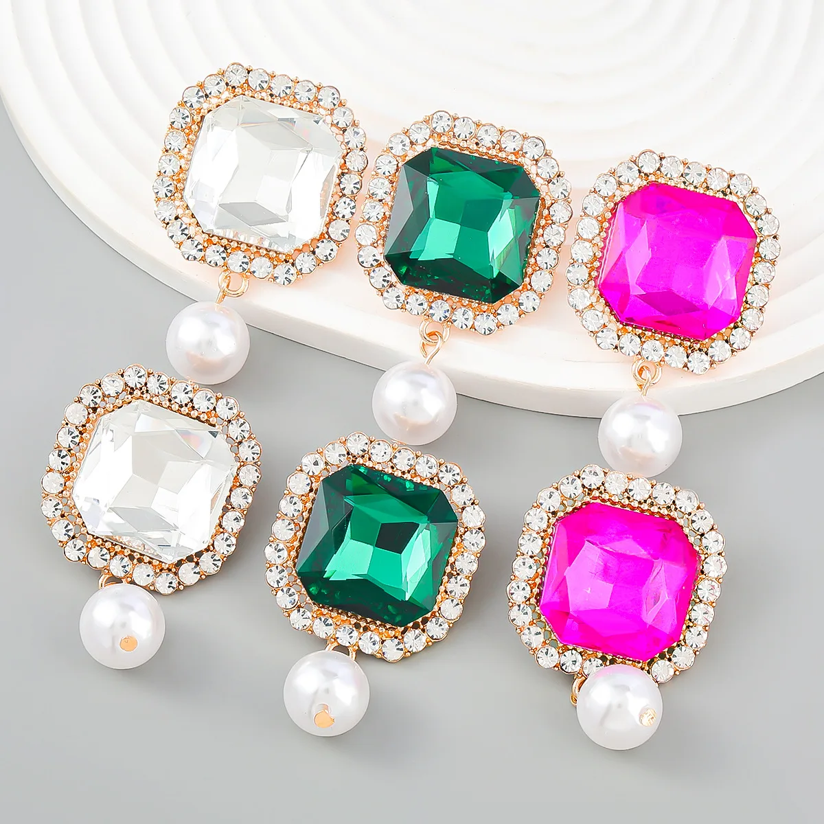 Fashion Korean White Pearl Drop Earrings for Women Shiny Fuchsia Crystal Exquisite Wedding Earrings