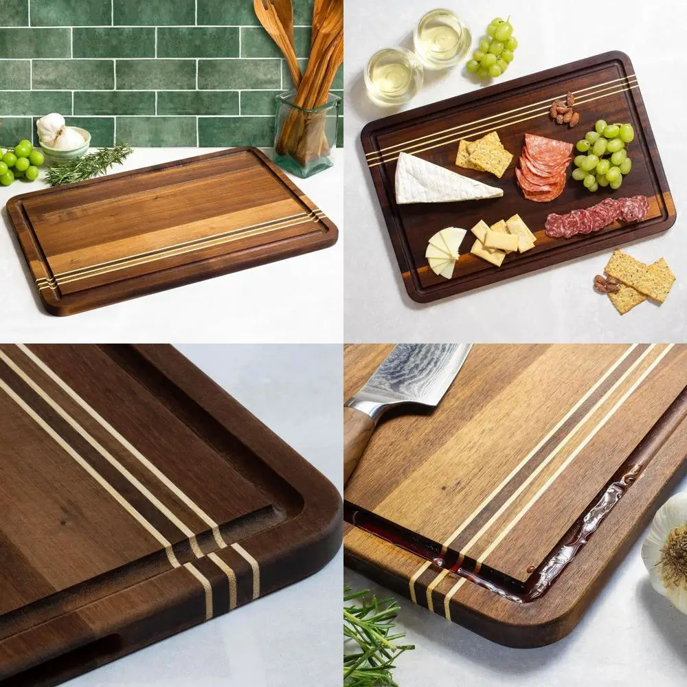 

18 Large Acacia Wood Carving Board with Juice Groove and Pinstripes | Multipurpose Charcuterie Serving Tray