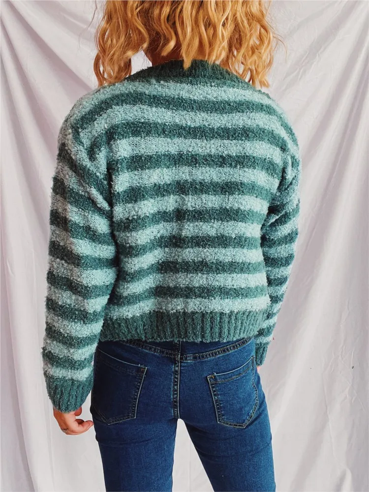 Design feminino sentido em torno do pescoço curto camisola de manga comprida jaqueta superior outono e inverno elegante botão listrado cardigan camisola