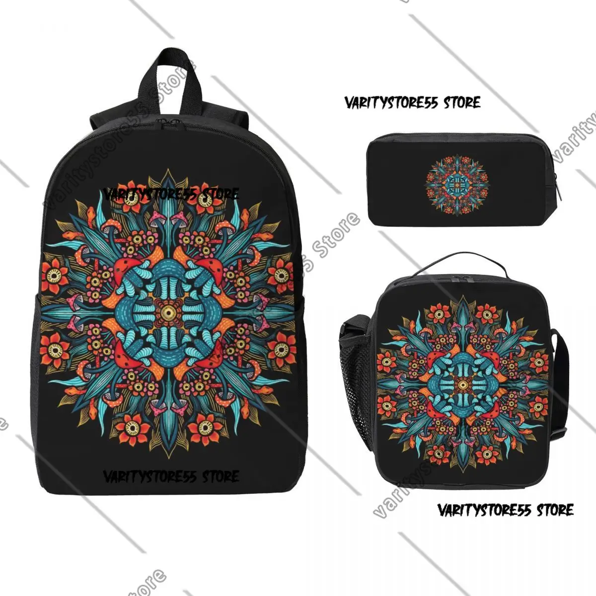 Trippy Hippie Psychedelic Colorful Mandala with Mushrooms Backpack BookBag School Bag 3ps Insulated Lunch Bag Pencil Case