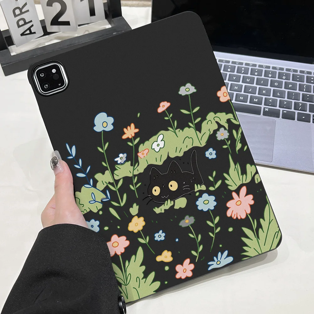Kawaii Black Cat Floral Tablet Protective Case For Apple iPad Air 11 2025 2026 Pro 12.9 13 10.5 Mini 2021 2024 Anti‑Slip Cover