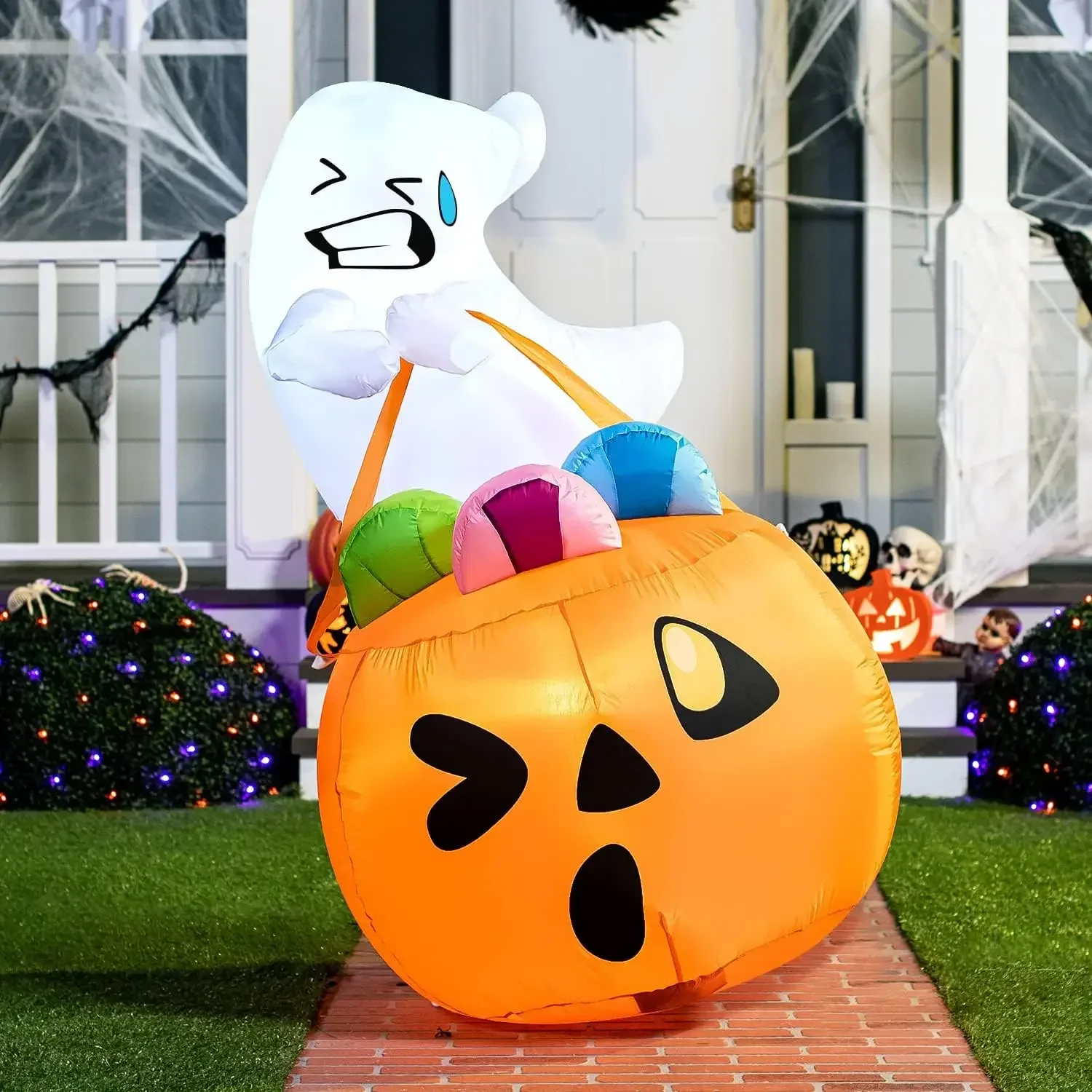Decorazioni gonfiabili per Halloween, alte 1,5 metri, adatte per esterni: simpatico fantasma gonfiabile, zucche e sacchetti di caramelle con luci LED
