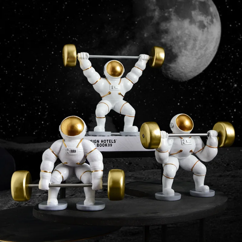 Creative Resin Statue Cute Astronaut Lifting Weights Decor Bookcase Ornament Bedroom Desktop Astronaut Statuette Home Decoration