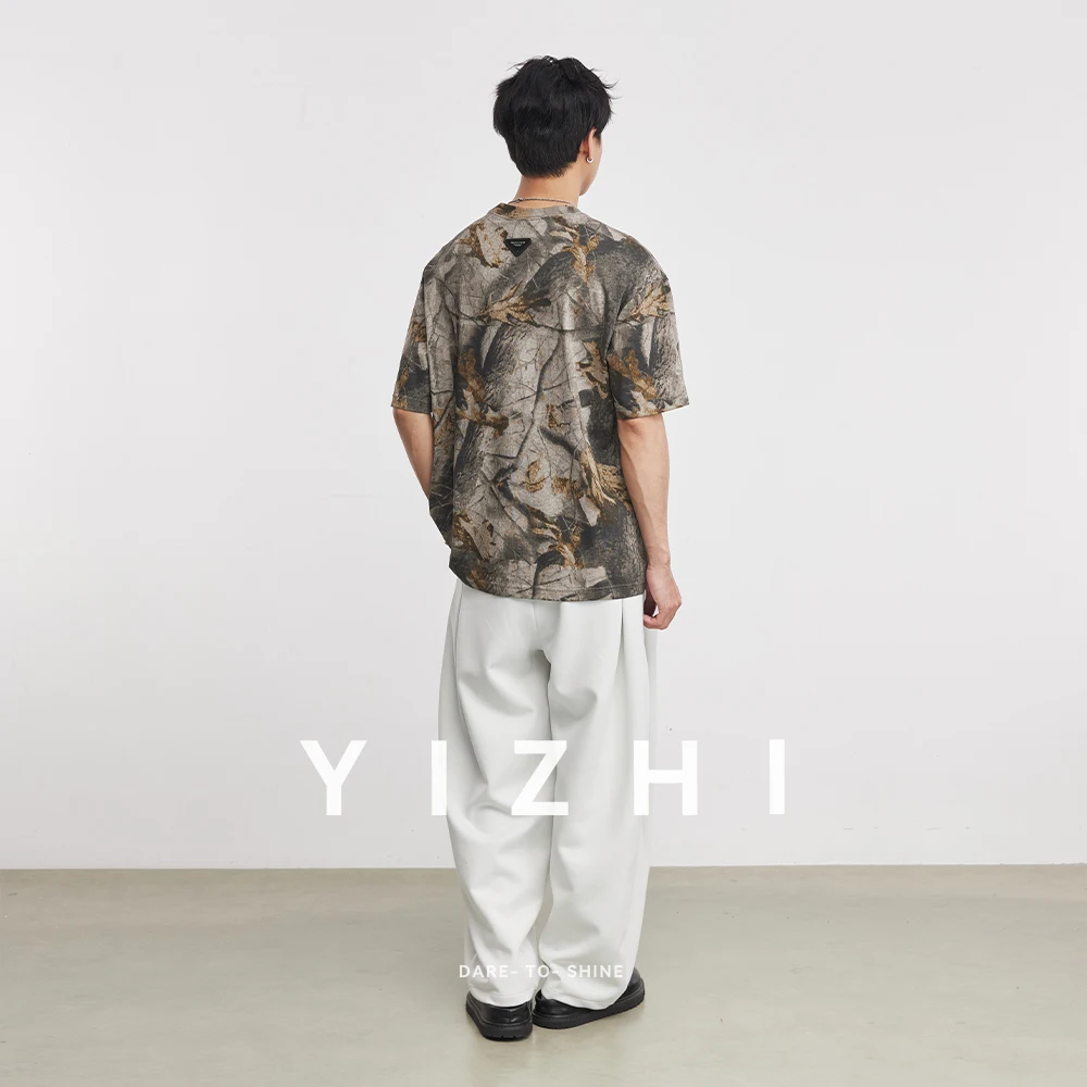 Men's Heavyweight 165g Vintage Print T-Shirt Summer 32S 75D Leaf Vein Texture Crew Neck Casual Short Sleeve