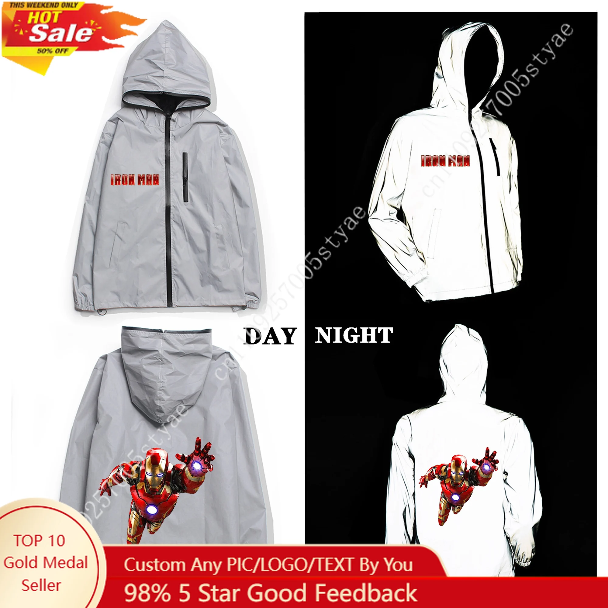 

Marvel Iron Man Tony Stark Reflective Jacket Mens Womens Coat Hooded Windbreaker Pocket Jackets Cycling Custom Hoodie