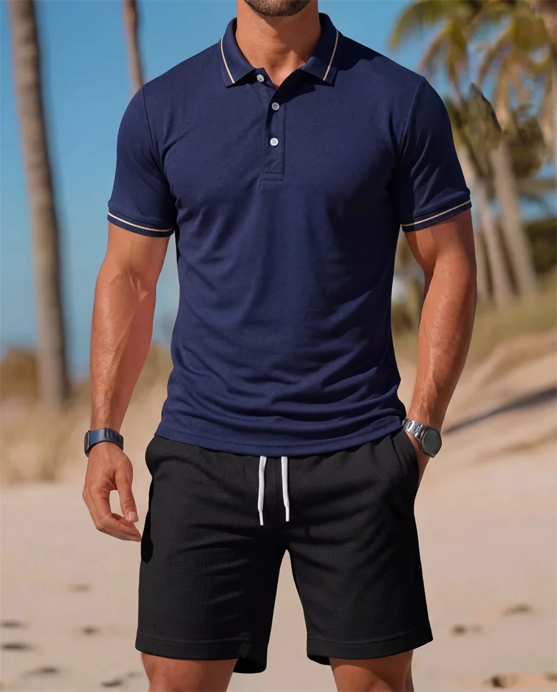 Men's two-piece suit Short Sleeve Polo Shirt + Drawstring Shorts Set Casual Summer  Breathable Beach Tracksuit Daily Wear view 3