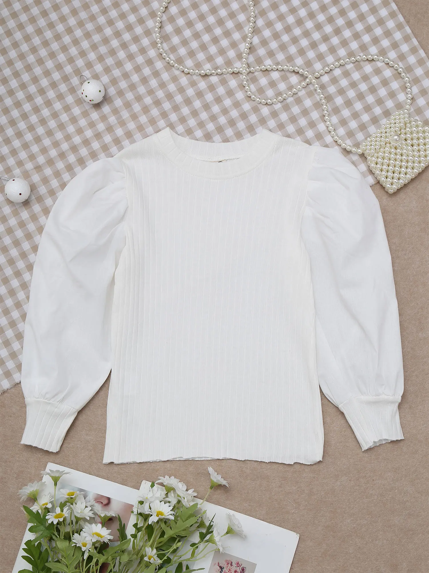 

2024 New Little Girls Blouse Cotton Tops Mock Neck Rib Knit Puff Sleeve Spring Fall Casual Top Toddler Girl T Shirt Blouse Shirt