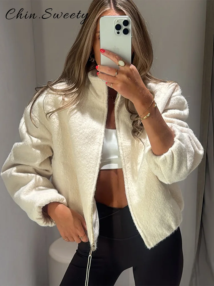 

Street Women's Stand Collar Woolen Coat Loose Full Sleeve Zipper Pockets Jacket Female 2025 Autumn Winter Lady Warm Chic Outwear