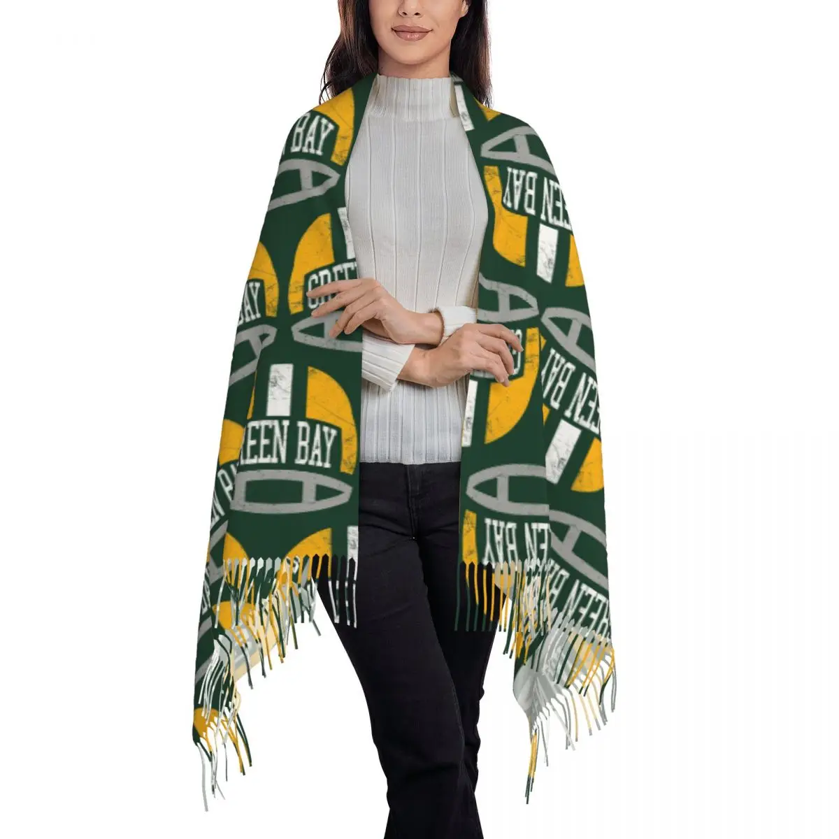 Green Bay Retro Helmet - Green Scarf Tassel Scarves for Women Soft Warm Shawls and Wraps Large Fall Winter Shawl Wrap