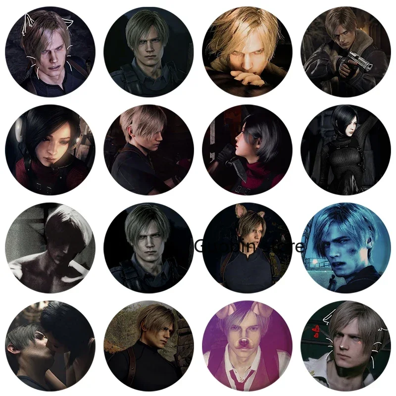 58mm Cartoon Leon Kennedy Pink Bow Heart Cute Button Pin Evil Game Creative Leon Brooch Badge for Bag Accessories Friends Gift