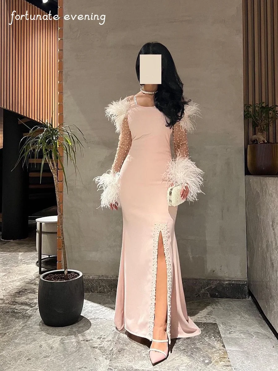 Vestido de noche de la suerte, elegante, Vintage, plumas rosas, cuentas, cuello de barco, personalizado, ocasión Formal, fiesta de graduación, vestidos de noche