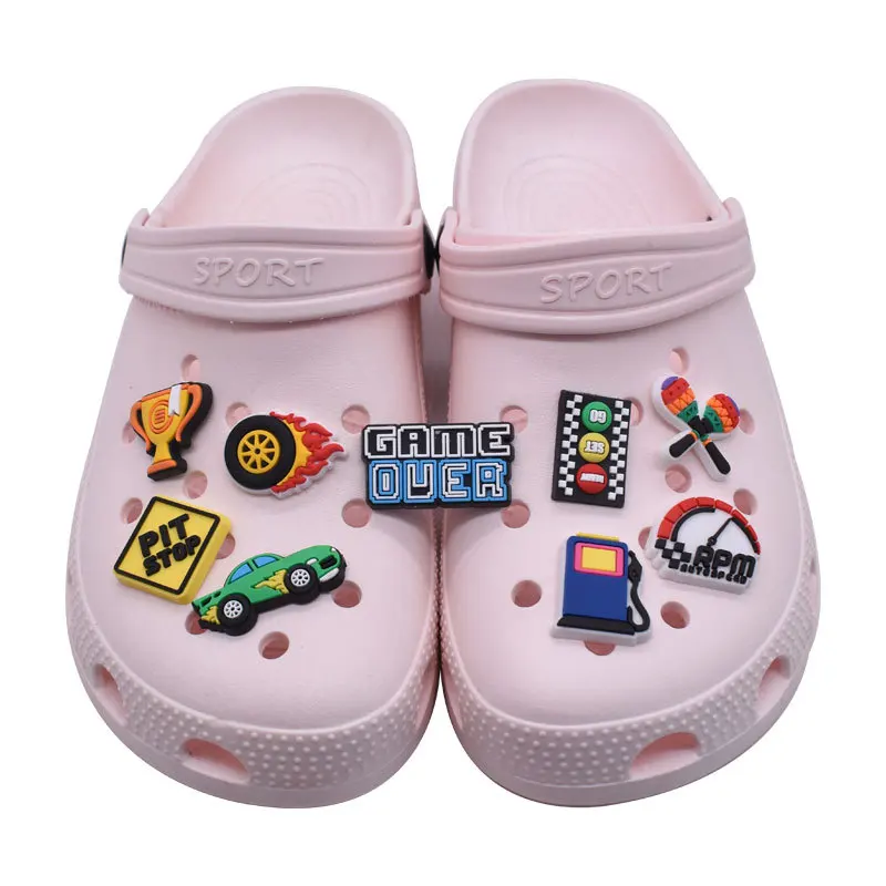 Racing Car PVC Shoe Charms 13Pcs/Set Soft Rubber Race Trophy Tire Fuel Pump Pattern For Clogs Sandals Kids Party Gifts