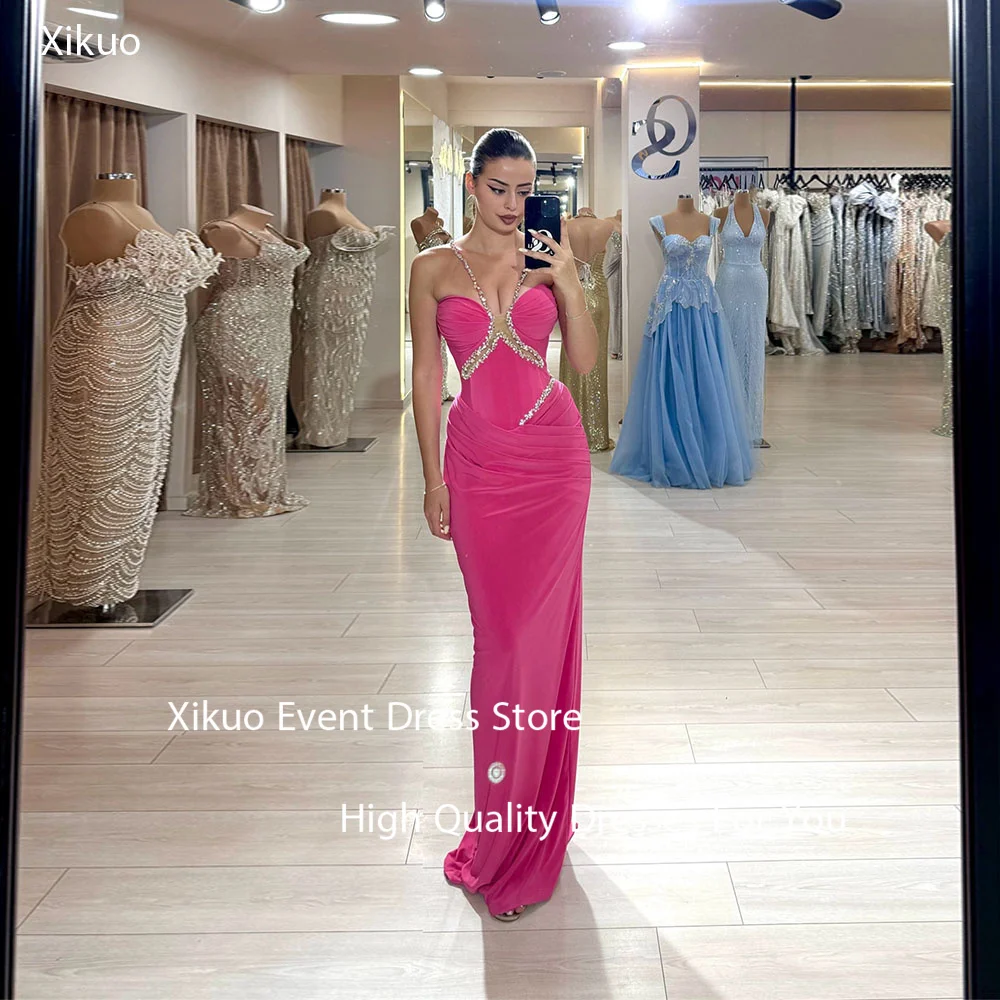 Xikuo الفوشيه حورية البحر فساتين السهرة مطوي السباغيتي حزام رداء كوكتيل نساء طول الأرض الحبيب فساتين لحضور الحفلات الموسيقية حسب الطلب