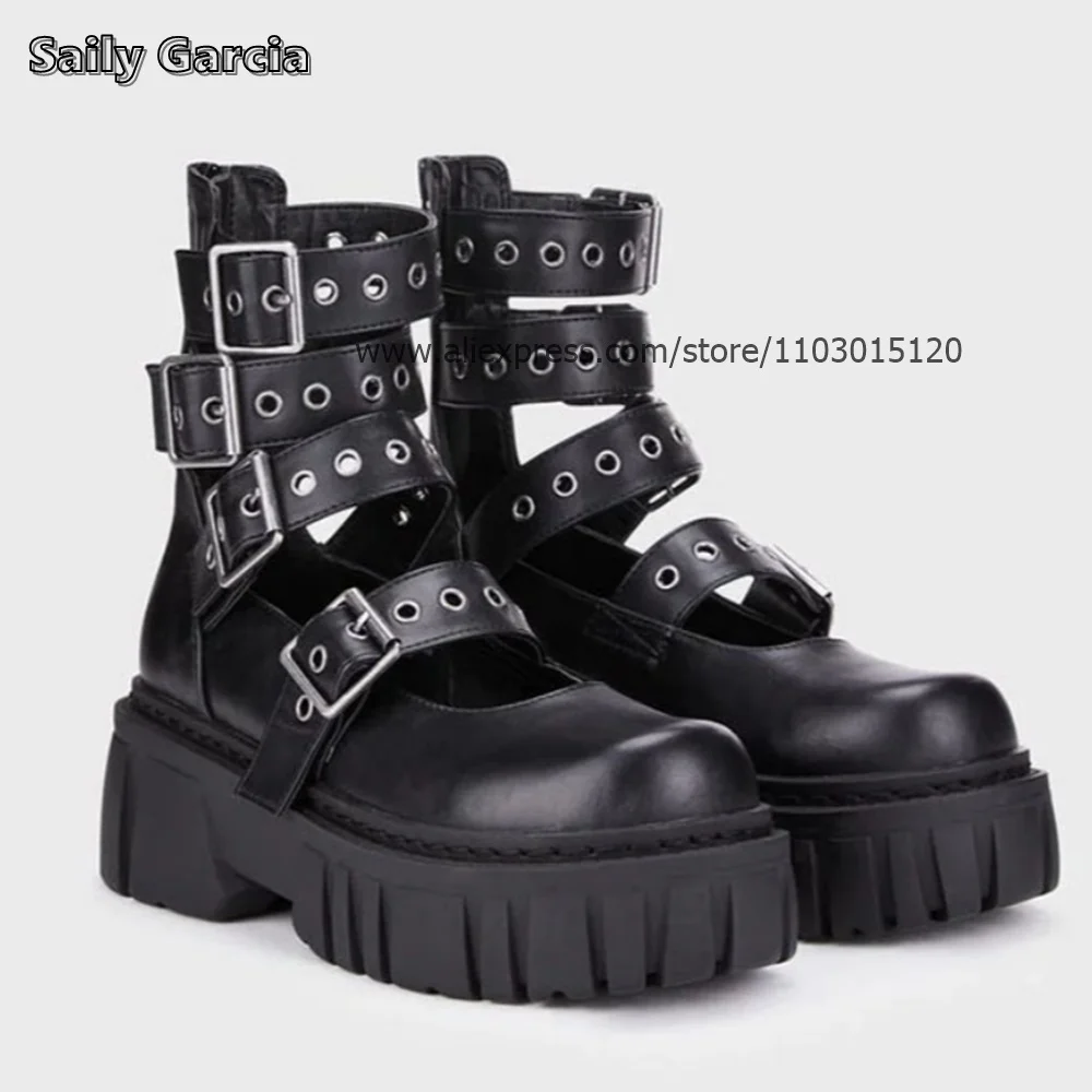 Genuine Leather Belt Buckle Strap Motorcycle Boots Rock Punk Style Casual Boots Round Toe Platform Breathable Mid Calf Shoes