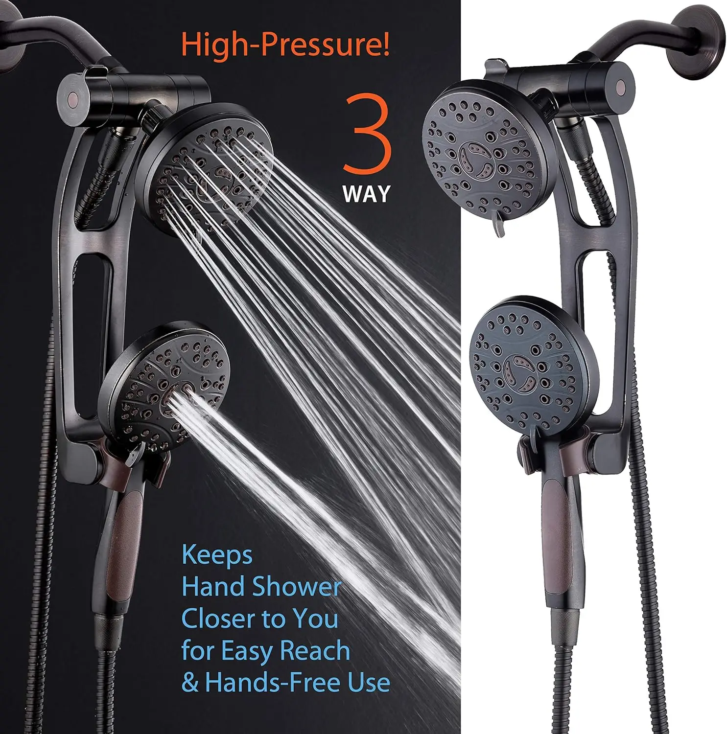 High Pressure 48-mode Luxury 3-way Combo with Adjustable Extension Arm –  Handheld Shower Head –  6 Foot Stainless Steel Hose