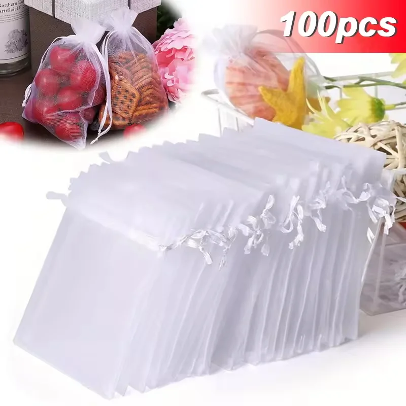 

100PCS Drawable Organza Bags Supply Wedding Christmas Favor White Pouches Organza Gauze Sachet Gift Bags Drawstring