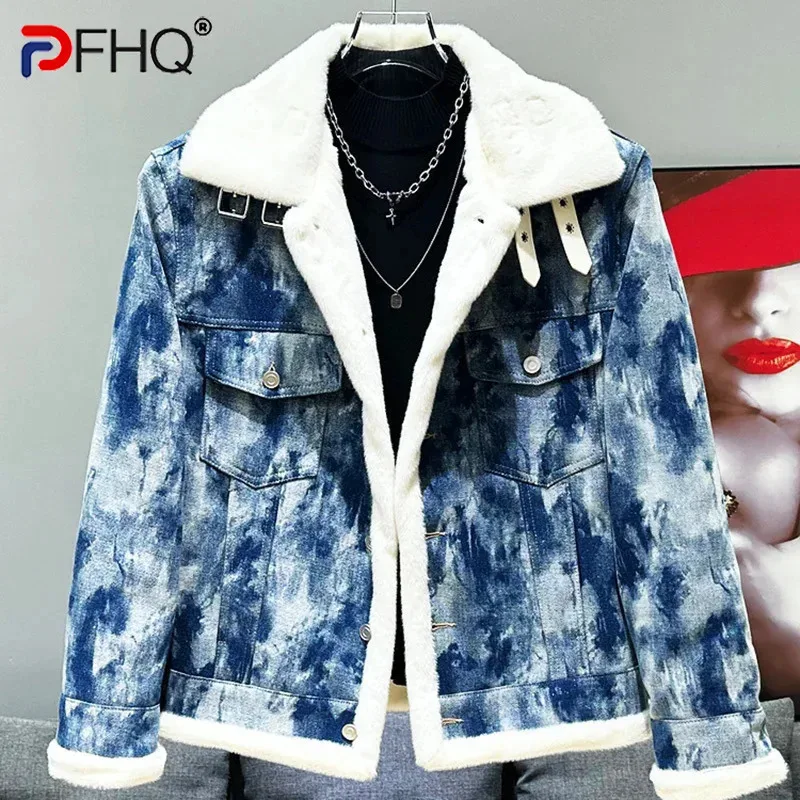 PFHQ-Chaqueta Parka de piel vaquera para hombre, diseño de felpa, lentejuelas, 2024, retazos de Color contrastante, camisetas de manga larga para hombre, ropa de calle 21Z7713