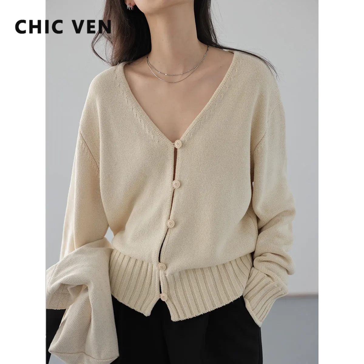 CHIC VEN Women\'s Cardigans Casual Solid Loose V-neck Long Sleeved Knitted Sweaters Female Tops Lady Knitwear Spring Autumn 2023