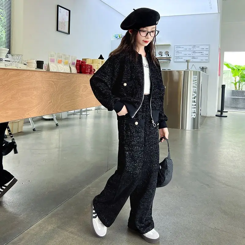 2 قطعة مجموعة 2025 جديد سستة الخريف الشتاء فتاة القماش البلوز سترة فضفاضة بانت المراهقين الطفل مجموعة 4 7 8 9 10 11 12 14 15 سنة