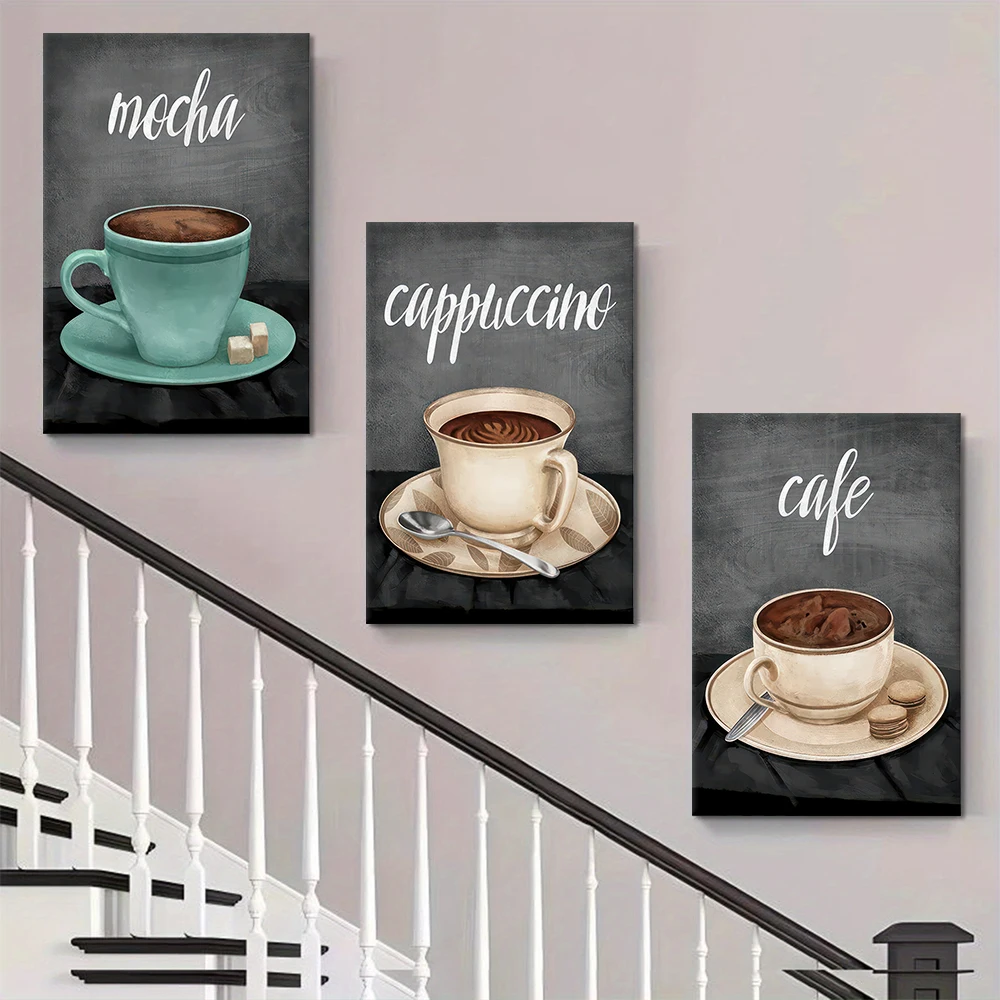3 قطع، لوحة زخرفية قماشية حديثة وبسيطة تحت عنوان القهوة، لوحة فنية معلقة على شكل فنجان قهوة موكا، غرفة المعيشة وغرفة الطعام ك #5