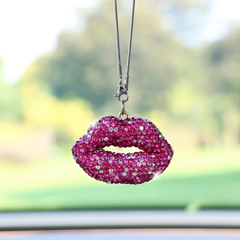 Fashion Rhinestone Lip Car Pendant, Exquisite Rhinestone Rearview Mirror Decoration for Car, Vehicle Hanging Ornament